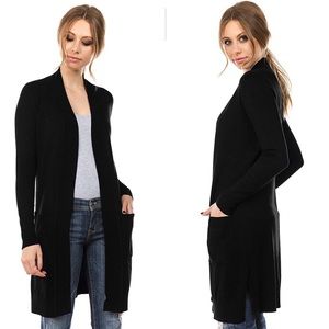 Black Ribbed Pocket Long Cardigan